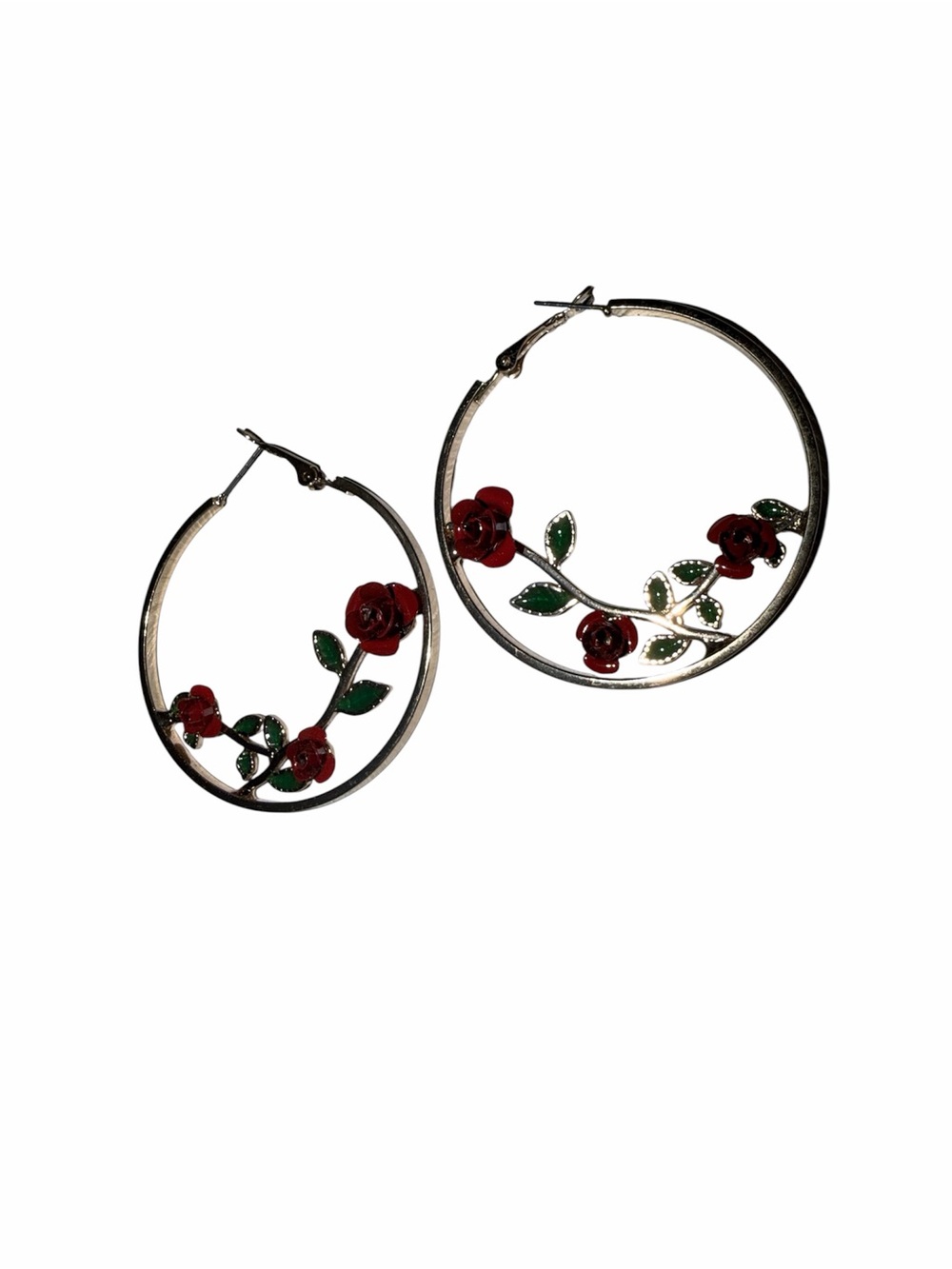 Gold Hoop Statement Earrings Red Rose Floral Boho Bold Romantic Jewelry - Picture 5 of 6